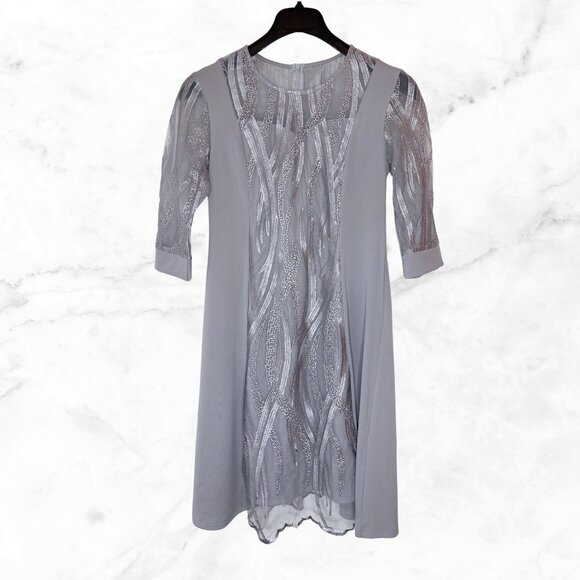 Ethereal Sheer Lace Panel Light Grey 3/4 Sleeve Midi Dress - Picture 1 of 5